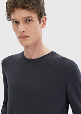 Antrasit Bisiklet Yaka Düz Örgü İpek Karışımlı Triko Kazak