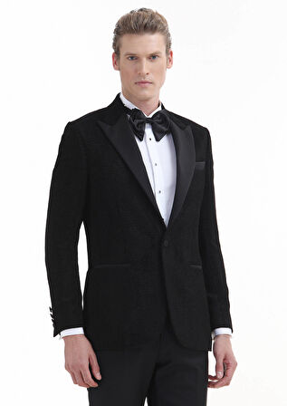 Siyah Desenli Thin&taller Slim Fit Kruvaze Yaka Dokuma Smokin Takım Elbise