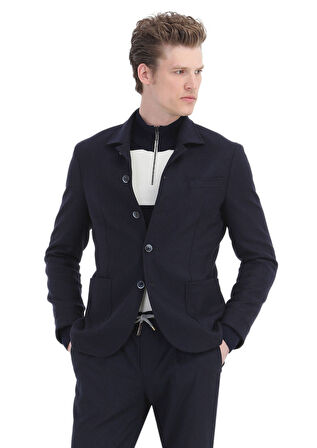 Lacivert Düz Shirt Shoulder Slim Fit Yün Karışımlı Ceket