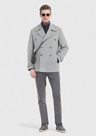 Gri Slim Fit Kruvaze Yaka Casual Örme Palto