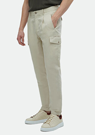 Bej Düz Dokuma Carrot Fit Casual Pamuk Karışımlı Pantolon