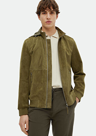 Haki Regular Fit Dik Yaka Casual Süet Deri Mont