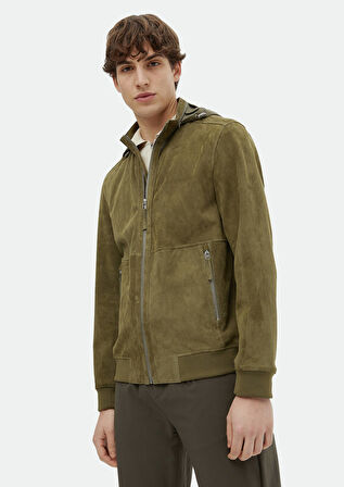 Haki Regular Fit Dik Yaka Casual Süet Deri Mont