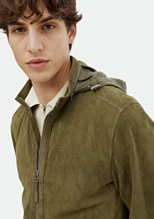 Haki Regular Fit Dik Yaka Casual Süet Deri Mont