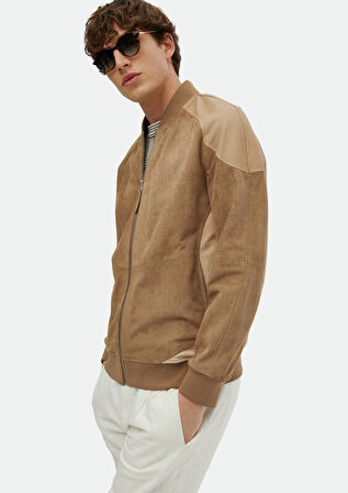 Vizon Regular Fit Dik Yaka Casual Süet Deri Mont