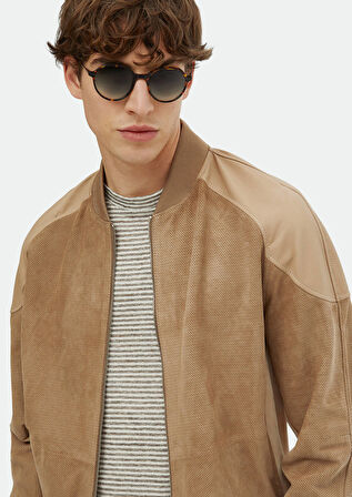 Vizon Regular Fit Dik Yaka Casual Süet Deri Mont