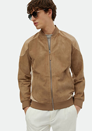 Vizon Regular Fit Dik Yaka Casual Süet Deri Mont