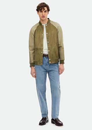 Haki Regular Fit Dik Yaka Casual Süet Deri Mont