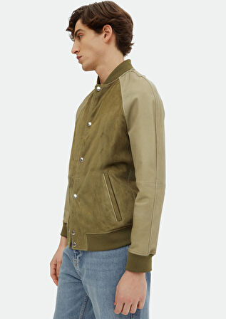 Haki Regular Fit Dik Yaka Casual Süet Deri Mont