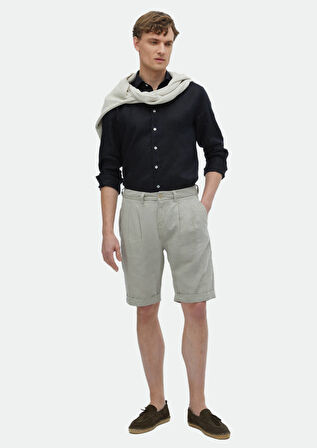 Bej Düz Dokuma Carrot Fit Casual %100 Pamuk Bermuda