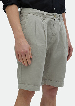 Bej Düz Dokuma Carrot Fit Casual %100 Pamuk Bermuda