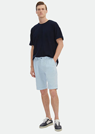 Açık Mavi Düz Dokuma Carrot Fit Casual %100 Pamuk Bermuda