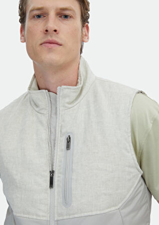 Bej Regular Fit Dik Yaka Casual Dokuma Spor Yelek