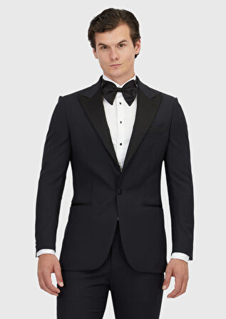 Lacivert Düz Thin&taller Slim Fit Kruvaze Yaka Dokuma Smokin Takım Elbise