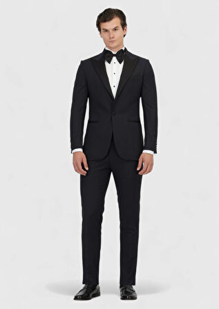 Lacivert Düz Thin&taller Slim Fit Kruvaze Yaka Dokuma Smokin Takım Elbise