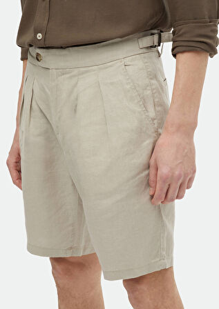 Bej Düz Dokuma Carrot Fit Casual %100 Keten Bermuda
