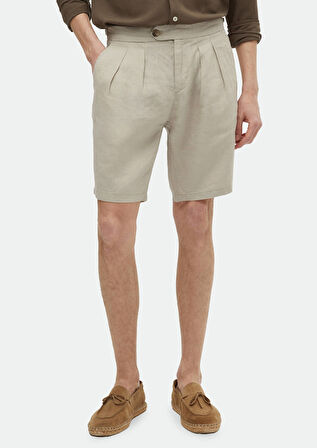 Bej Düz Dokuma Carrot Fit Casual %100 Keten Bermuda