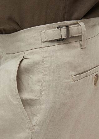 Bej Düz Dokuma Carrot Fit Casual %100 Keten Bermuda