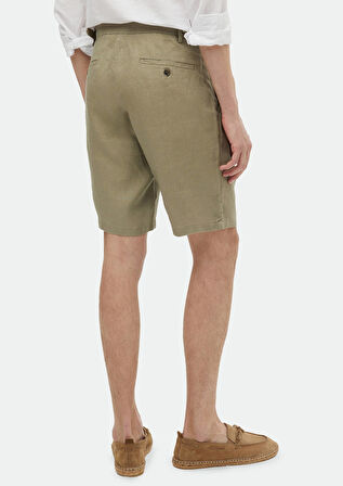 Açık Yeşil Düz Dokuma Carrot Fit Casual %100 Keten Bermuda