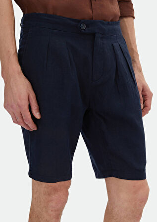 Lacivert Düz Dokuma Carrot Fit Casual %100 Keten Bermuda