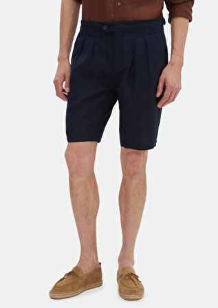 Lacivert Düz Dokuma Carrot Fit Casual %100 Keten Bermuda