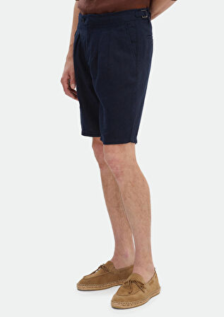 Lacivert Düz Dokuma Carrot Fit Casual %100 Keten Bermuda