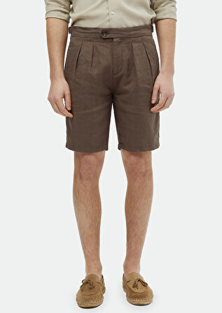 Kahverengi Düz Dokuma Carrot Fit Casual %100 Keten Bermuda