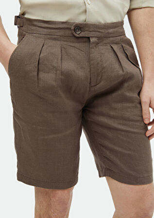 Kahverengi Düz Dokuma Carrot Fit Casual %100 Keten Bermuda