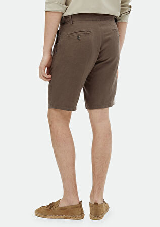 Kahverengi Düz Dokuma Carrot Fit Casual %100 Keten Bermuda