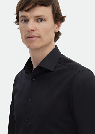 Siyah Düz Slim Fit Dokuma Klasik %100 Pamuk Gömlek