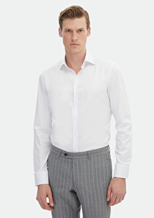 Beyaz Düz Slim Fit Dokuma Klasik %100 Pamuk Gömlek