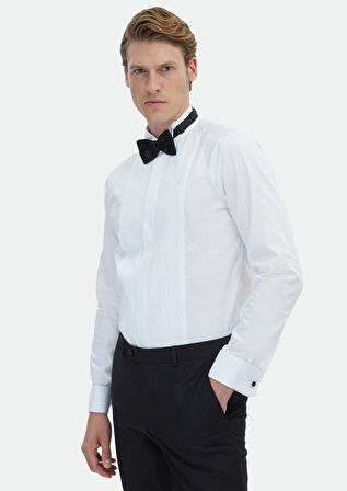 Beyaz Düz Slim Fit Duble Manşet Ata Yaka Smokin Gömlek
