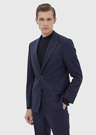 Lacivert Çizgili Zeroweight Slim Fit Yün Karışımlı Takım Elbise