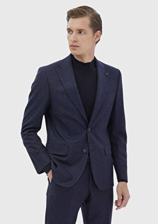 Lacivert Çizgili Zeroweight Slim Fit Yün Karışımlı Takım Elbise