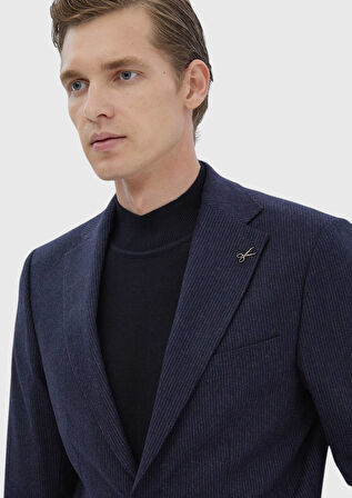 Lacivert Çizgili Zeroweight Slim Fit Yün Karışımlı Takım Elbise