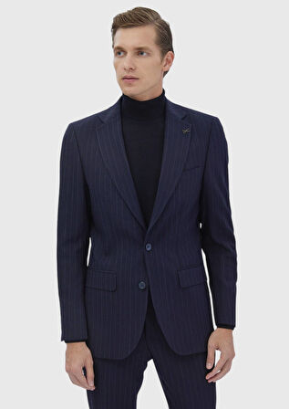 Lacivert Çizgili Thin&taller Slim Fit Yün Karışımlı Takım Elbise