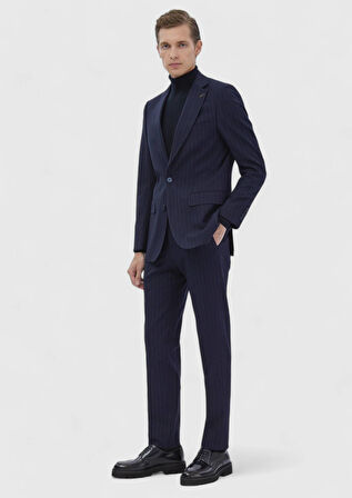 Lacivert Çizgili Thin&taller Slim Fit Yün Karışımlı Takım Elbise