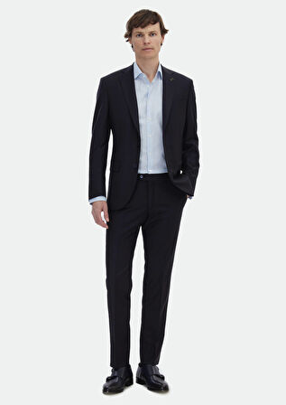 Lacivert Düz Modern Fit Yün Karışımlı Takım Elbise