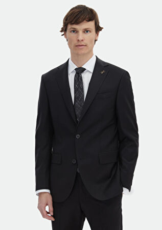 Siyah Düz Modern Fit Yün Karışımlı Takım Elbise