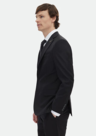 Siyah Düz Modern Fit Yün Karışımlı Takım Elbise
