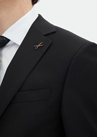 Siyah Düz Modern Fit Yün Karışımlı Takım Elbise