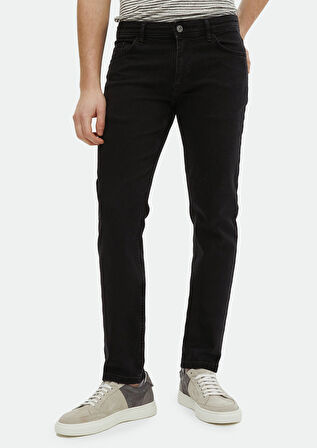 Siyah Düz Slim Fit Denim Pamuk Karışımlı Pantolon