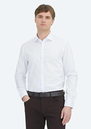 Beyaz Düz Regular Fit Dokuma Klasik %100 Pamuk Gömlek
