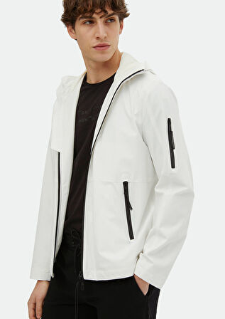 Beyaz Regular Fit Kapüşonlu Casual Dokuma Mont