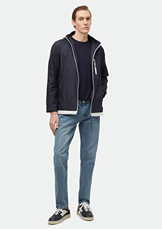 Lacivert Regular Fit Kapüşonlu Denim Dokuma Mont