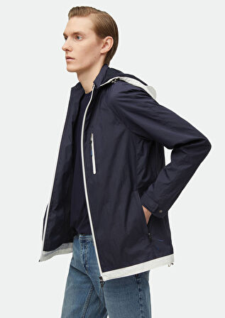 Lacivert Regular Fit Kapüşonlu Denim Dokuma Mont