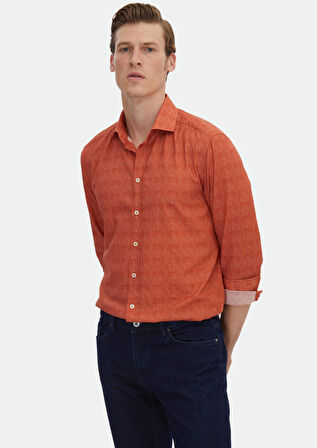 Turuncu Baskılı Regular Fit Dokuma Casual %100 Pamuk Gömlek