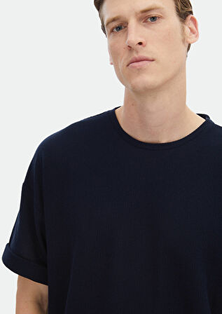 Lacivert Jakarlı Bisiklet Yaka %100 Pamuk T-Shirt
