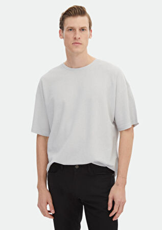 Açık Gri Jakarlı Bisiklet Yaka %100 Pamuk T-Shirt