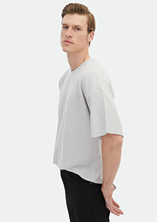 Açık Gri Jakarlı Bisiklet Yaka %100 Pamuk T-Shirt